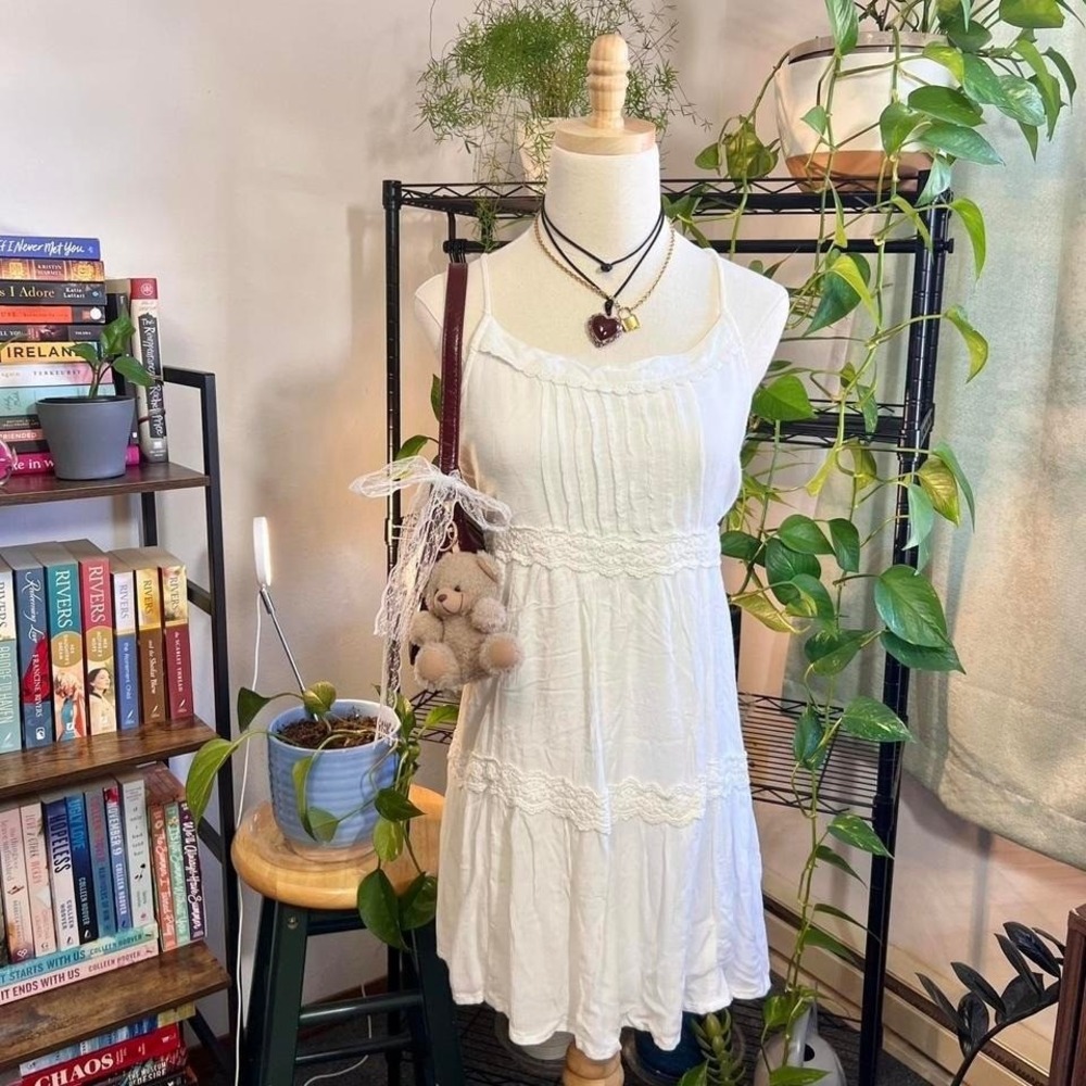 Vintage Y2K Hollister‎ Babydoll Dress White Mini Size Medium Preppy Boho